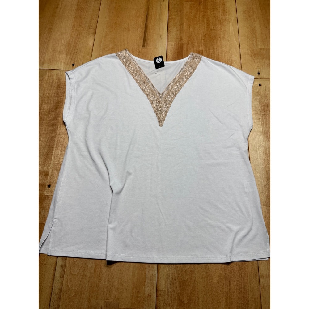 Womens Plus Size 2XL White V Neck Tunic Top Lace Trim Short Sleeve Casual